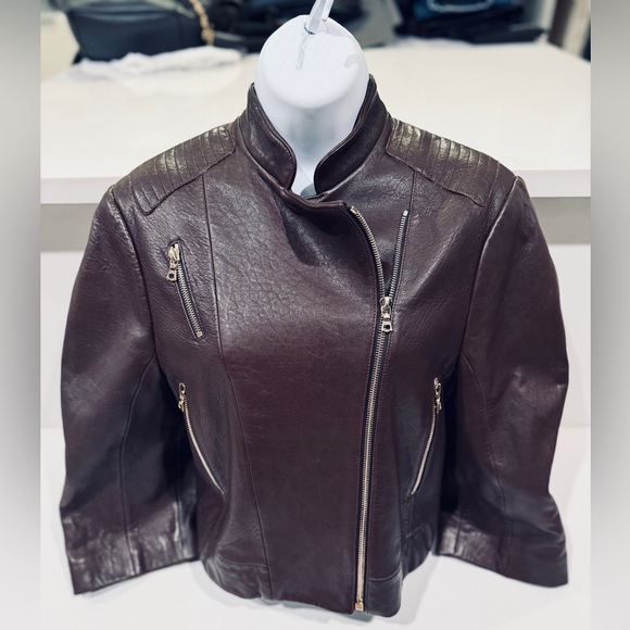 J Brand 3/4 Sleeve Moto Chocolate Brown Leather Jacket size S - Picture 5 of 12